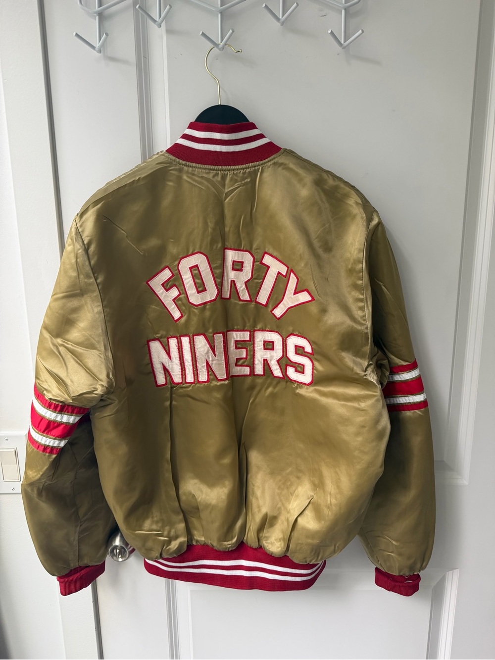 Forty Niners size medium varisty Gold Satin Bomber Jacket with Red Trim